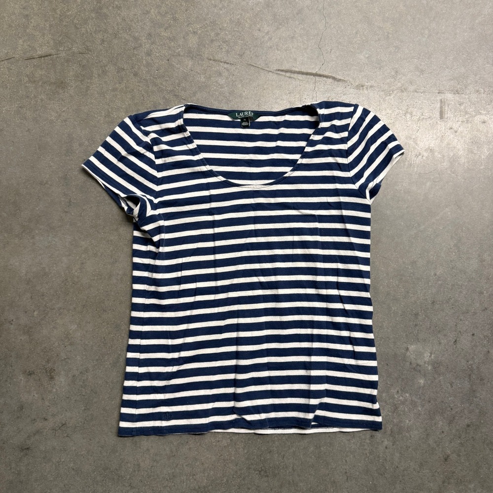 Lauren Ralph Lauren Womens XL Navy Blue White Striped Scoop Neck T-Shirt Logo